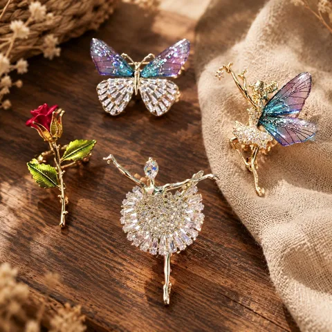 Fashion Alloy Rhinestone Brooch Pin For Women Elegant Fairy Butterfly Rose Ballerina Suit Pin Decorative Jewelry Gift