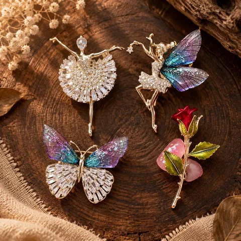 Fashion Alloy Rhinestone Brooch Pin For Women Elegant Fairy Butterfly Rose Ballerina Suit Pin Decorative Jewelry Gift