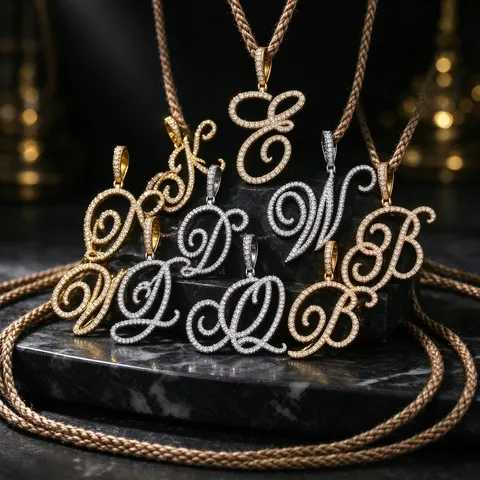 Collana Hip Hop con Ciondolo Alfabeto in Rame Placcato Oro 18K Lettera Iniziale con Zirconia Iced Out Gioielli per Uomo Donna