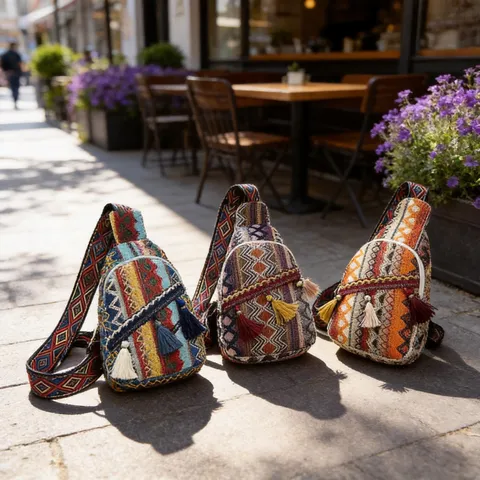 Sac De Poitrine Tissé Bohème Avec Glands Sac À Bandoulière Ethnique Géométrique Sac Banane Pour Femmes Mode Voyage