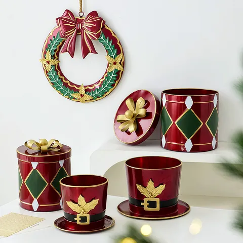 Juego de Decoración Navideña de Hierro Rojo Burdeos Campana Metálica Adorno Colgante Estrella Calada Caja de Regalo Corona Decoración Árbol de Navidad Hogar Fiesta