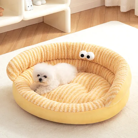 Winter Warm Gestreept Pluche Huisdierbed Sofa Nest Met Schattige Ogen Antislip Wasbaar Kussen Voor Kleine Middelgrote Honden Katten