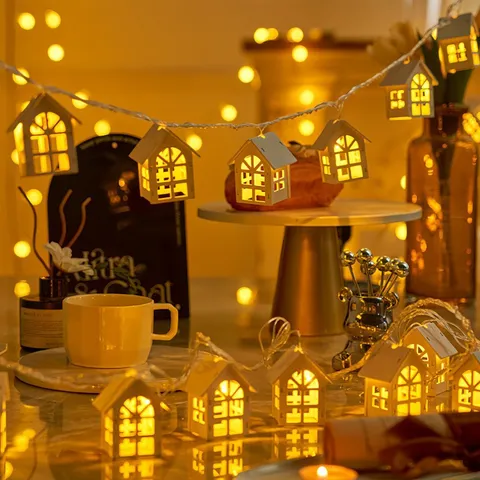 Wooden House LED String Lights Warm White Glow Hollow Deer Star Design Christmas Holiday Party Room Decor Festive