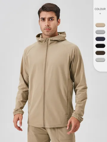 Men Windproof Hooded Sports Jacket Lightweight Outdoor Running Hiking Zip Up Casual Loose Fit Training Windbreaker