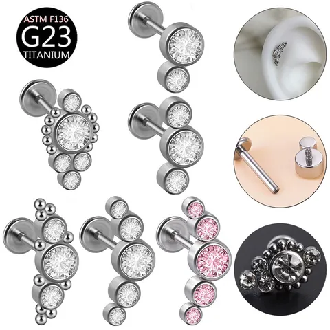 G23 Titanium Labret Studs Lip Rings Cubic Zirconia Internally Threaded Flat Back Piercing Jewelry For Women Men Simple
