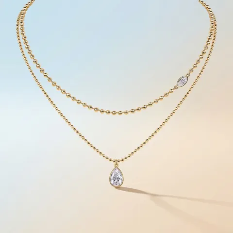 Collana con Ciondolo in Moissanite in Argento Sterling 925 a Doppio Strato Catena a Sfere Placcata Oro 18K per Donna