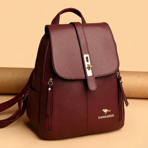 Women Korean Style PU Leather Backpack Large Capacity Lychee Pattern Gold Kangaroo Logo Fashion Commuter Travel School Bag