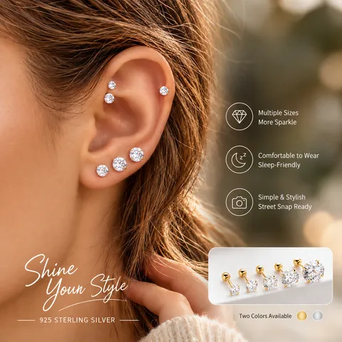 925 Sterling Silber Ohrstecker Für Damen Klassisch Rundschliff Zirkon Vier Krallenfassung Minimalistisch Schraubverschluss