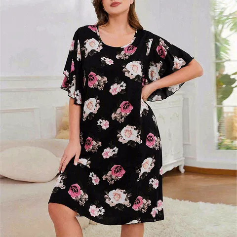Plus Size Women Summer Floral Viscose Nightgown Loose Short Sleeve Casual Sleep Dress Comfort Sleepwear