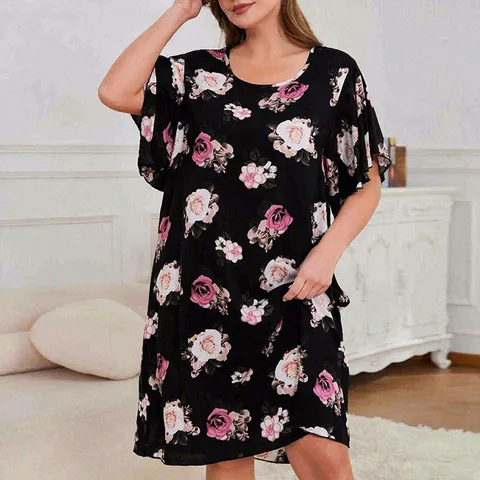 Plus Size Women Summer Floral Viscose Nightgown Loose Short Sleeve Casual Sleep Dress Comfort Sleepwear