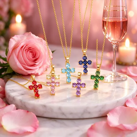 18K Verguld Koperen Geboortesteen Kruis Hanger Halsketting Kleine Strass Religieuze Kruis Sieraden Voor Vrouwen Verjaardagscadeau