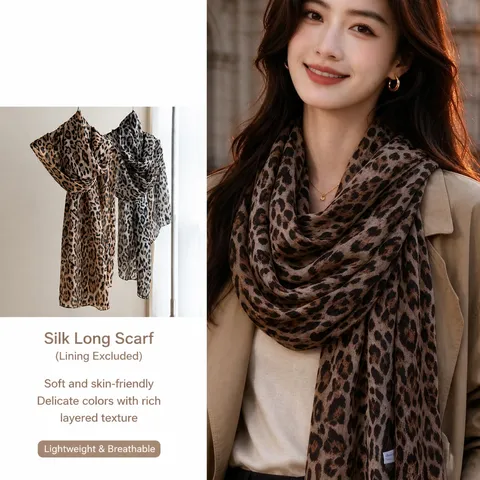 Women's Mulberry Silk Leopard Print Long Scarf Fashion Lightweight Breathable Gauze Scarf Travel Shawl Retro Accessories