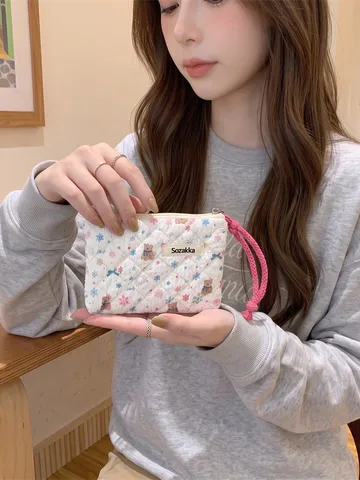 Quilted Cotton Makeup Bag Small Portable Cosmetic Pouch Zipper Storage Organizer With Braided Puller For Women Girls