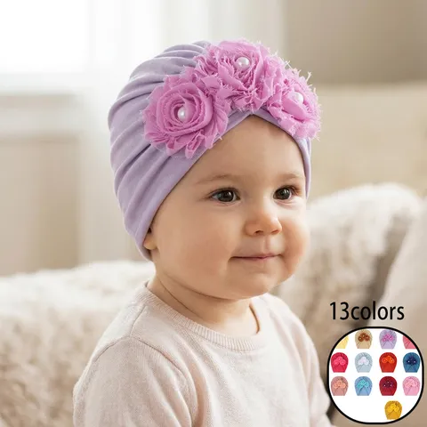 Cute Baby Turban Hat With Triple Fabric Flowers And Faux Artificial Pearls Soft Polyester Infant Beanie For Newborn Toddler Girls