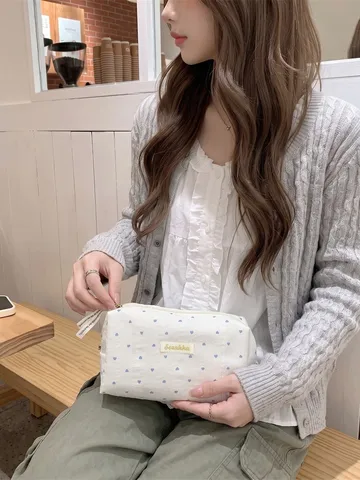 Herzmuster Seersucker Kosmetiktasche Tragbare Reise Make-Up Kulturbeutel Reißverschluss Organizer Aufbewahrungstasche Damen