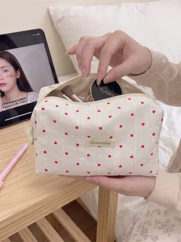 Herzmuster Seersucker Kosmetiktasche Tragbare Reise Make-Up Kulturbeutel Reißverschluss Organizer Aufbewahrungstasche Damen