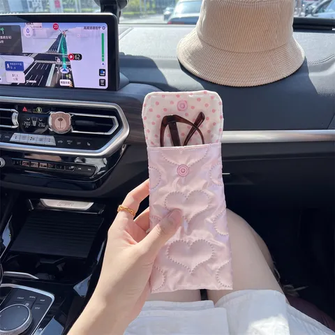 Portable Quilted PU Leather Glasses Storage Bag Soft Padded Sunglasses Pouch Heart Button Bowknot Eyewear Pouch For Women