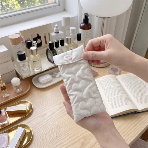 Portable Quilted PU Leather Glasses Storage Bag Soft Padded Sunglasses Pouch Heart Button Bowknot Eyewear Pouch For Women