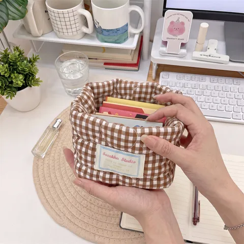 Korean Ins Style Gingham Checkered Fabric Storage Basket Quilted Cotton Desktop Organizer Small Cloth Makeup Bin For Stationery