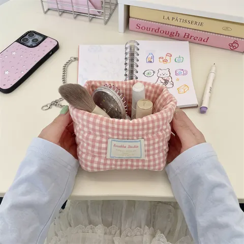 Korean Ins Style Gingham Checkered Fabric Storage Basket Quilted Cotton Desktop Organizer Small Cloth Makeup Bin For Stationery