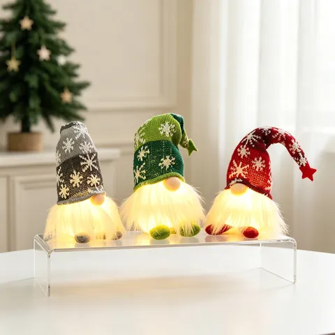 LED Light Up Christmas Gnome Faceless Old Man Plush Doll Snowflakes Knit Hat Battery Operated Holiday Xmas Table Decoration