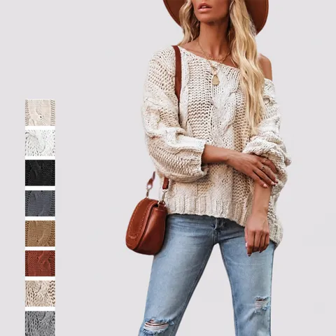 Women Off Shoulder Cable Knit Sweater Sexy Boat Neck Oversized Long Sleeve Pullover Chunky Knitted Jumper Streetwear Top