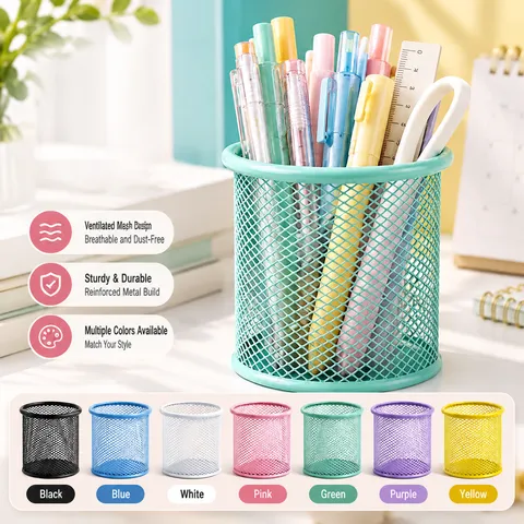 Minimalistischer Runder Quadratischer Metallgitter Stifthalter Schreibtisch Büro Organizer Hohl Eisen Draht Bleistiftbecher Für Schüler