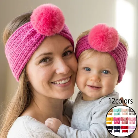 Parent-Child Knitted Headband With Faux Fur Pom-pom Mother And Baby Autumn Winter Warm Ear Warmer Turban Toddlers Women