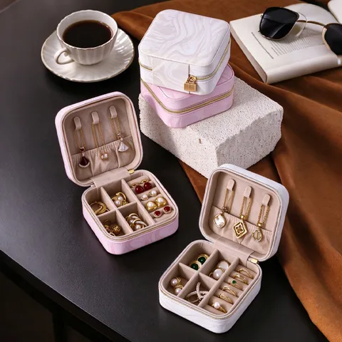 Portable Marble Pattern PU Leather Jewelry Box Travel Mini Jewelry Organizer Case For Rings Earrings Necklaces
