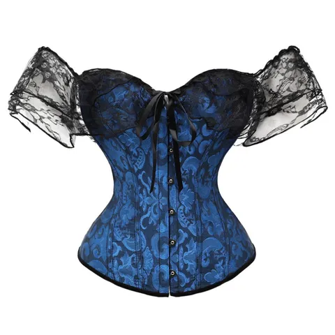 Damen Gothische Vintage Jacquard Spitze Korsett Top Schulterfreie Kurze Ärmel Verschluss Taillentraining Bustier