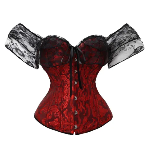 Damen Gothische Vintage Jacquard Spitze Korsett Top Schulterfreie Kurze Ärmel Verschluss Taillentraining Bustier