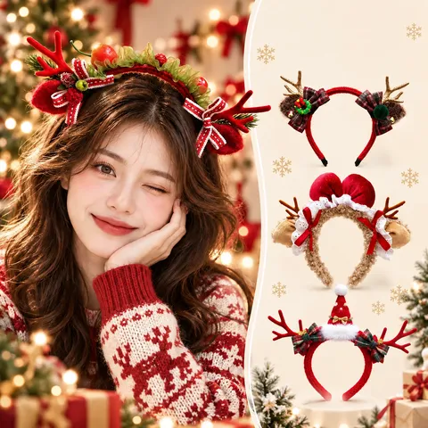 Christmas Reindeer Antler Headband Sequins Bowknot Hair Hoop With Bells Plush Balls Xmas Party For Girls Festival Hair Accessories