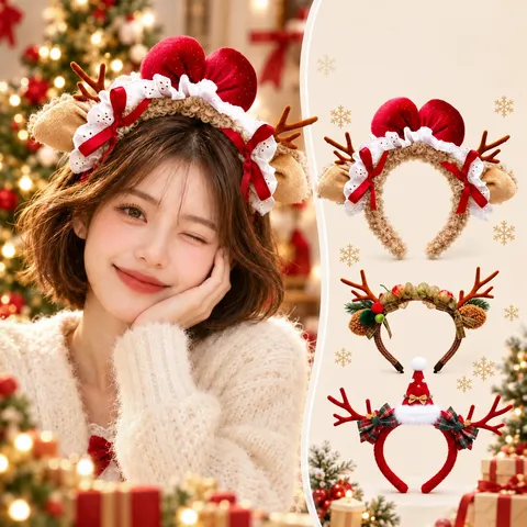 Christmas Reindeer Antler Headband Sequins Bowknot Hair Hoop With Bells Plush Balls Xmas Party For Girls Festival Hair Accessories