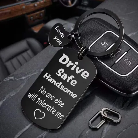 Drive Safe Handsome Stainless Steel Keychain Engraved Dog Tag Heart Pendant Key Ring Jewelry For Men Women Couple Lover Gift