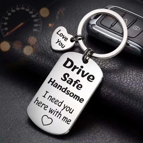 Drive Safe Handsome Stainless Steel Keychain Engraved Dog Tag Heart Pendant Key Ring Jewelry For Men Women Couple Lover Gift