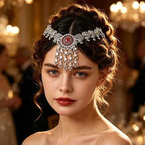 Chaîne de Front Ethnique Rétro à Gland Coiffe de Mariée Indienne en Alliage Strass Perle Artificielle Bijoux de Cheveux Bohème Exotique