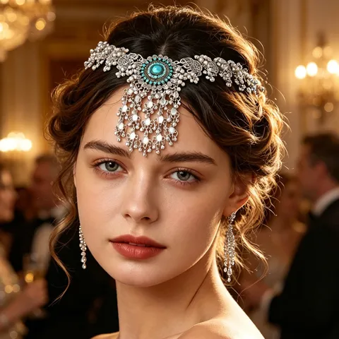 Chaîne de Front Ethnique Rétro à Gland Coiffe de Mariée Indienne en Alliage Strass Perle Artificielle Bijoux de Cheveux Bohème Exotique