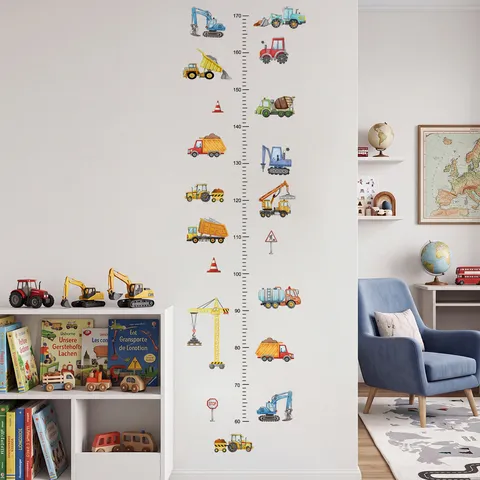 Cartoon Construction Vehicle Height Growth Chart Wall Sticker For Kids Room Bedroom PVC Self Adhesive Height Ruler Decal