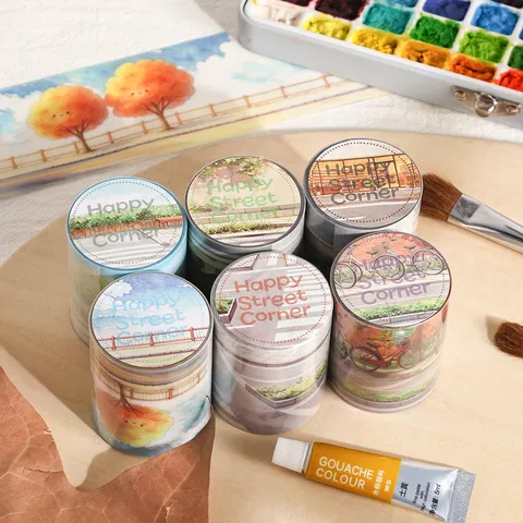 Watercolor Street View PET Masking Tape Healing Scenery Washi Tape For Journaling Scrapbooking DIY Decorative Stickers Art Supplies