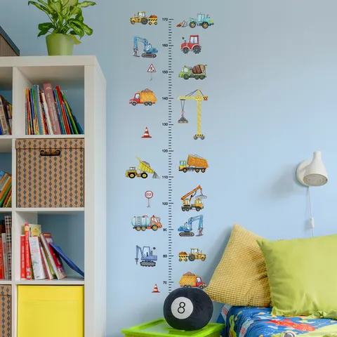 Cartoon Construction Vehicle Height Growth Chart Wall Sticker For Kids Room Bedroom PVC Self Adhesive Height Ruler Decal