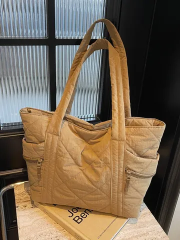 Women Quilted Tote Bag Large Capacity Rhombic Pattern Canvas Padded Shoulder Bag Fashion Commuting Single Shoulder Bag