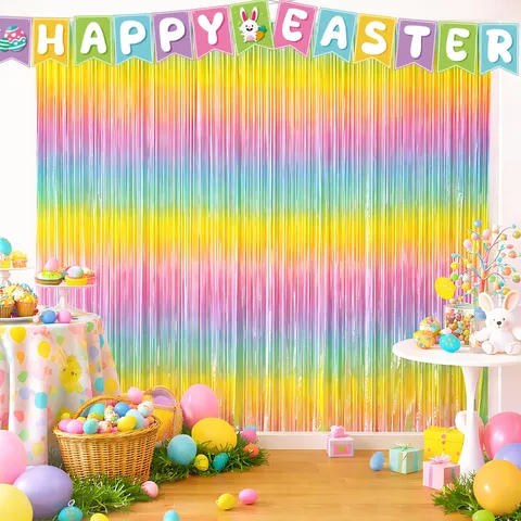 Rainbow Gradient Foil Fringe Curtain Metallic Tassel Backdrop For Easter Party Birthday Wedding Photo Booth Streamers Decoration