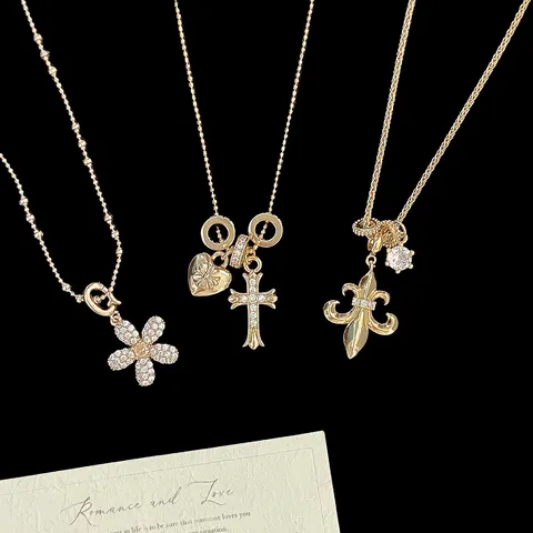 Vintage Kaffeegold Lagige Halskette Mehrfach Anhänger Zirkonia Blumen Herz Kreuz Kette Mode Schmuck Geschenk
