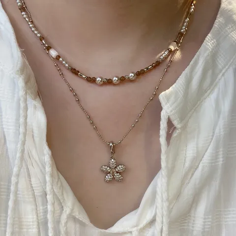 Vintage Kaffeegold Lagige Halskette Mehrfach Anhänger Zirkonia Blumen Herz Kreuz Kette Mode Schmuck Geschenk