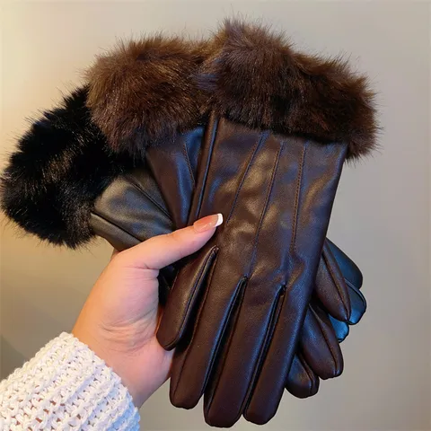 Women's Faux Mink Fur Cuff Artificial Leather Warm Gloves Winter Windproof Touch Screen Outdoor Cycling Faux Fur Leather Gloves