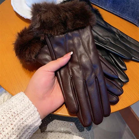 Women's Faux Mink Fur Cuff Artificial Leather Warm Gloves Winter Windproof Touch Screen Outdoor Cycling Faux Fur Leather Gloves
