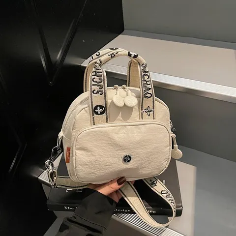 Women Trendy Nylon Oxford Shoulder Bag Fashionable Casual Lightweight Handbag With Wide Jacquard Letter Strap Shell Shape Crossbody Bag