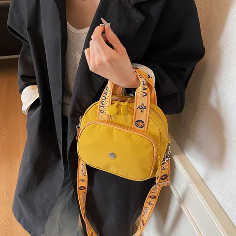 Women Trendy Nylon Oxford Shoulder Bag Fashionable Casual Lightweight Handbag With Wide Jacquard Letter Strap Shell Shape Crossbody Bag