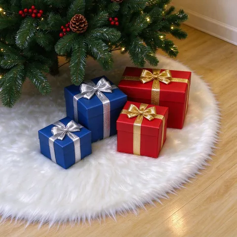 Gonna per Albero di Natale in Peluche Bianca Copertura Base in Finta Pelliccia di Coniglio Tappeto Rotondo Con Paillettes Oro Argento