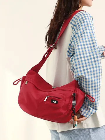 Women Fashion Nylon Dumpling Bag Large Capacity Waterproof Crossbody Shoulder Bag Sporty Casual Messenger Bag With Bear Pendant